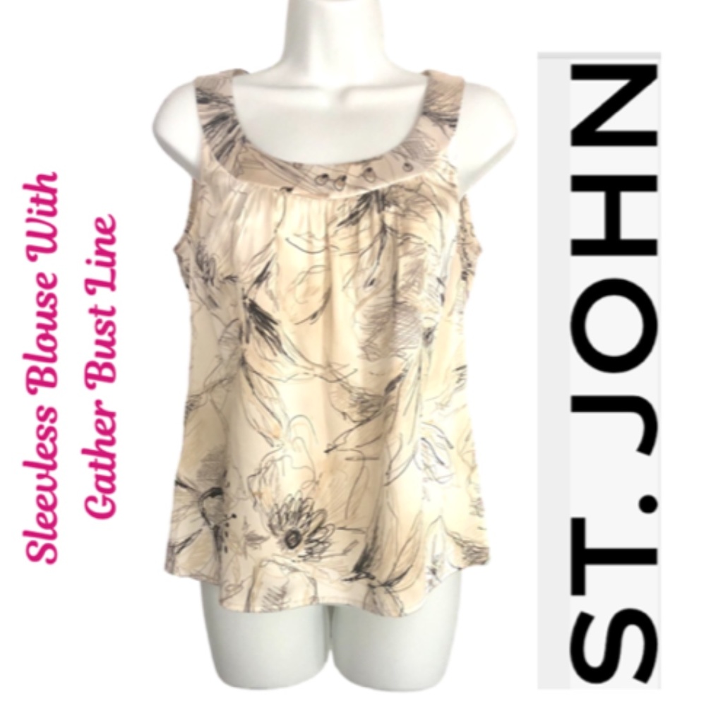 St. John Sleeveless Print Blouse Cream Black Tan